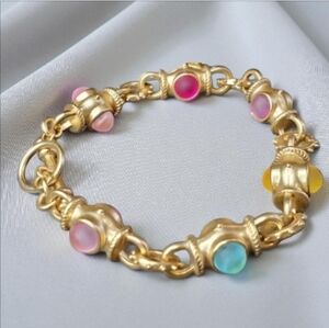18k Matte Gold Plated Byzantine Revival Frosted Pastel Cabochon Toggle Bracelet